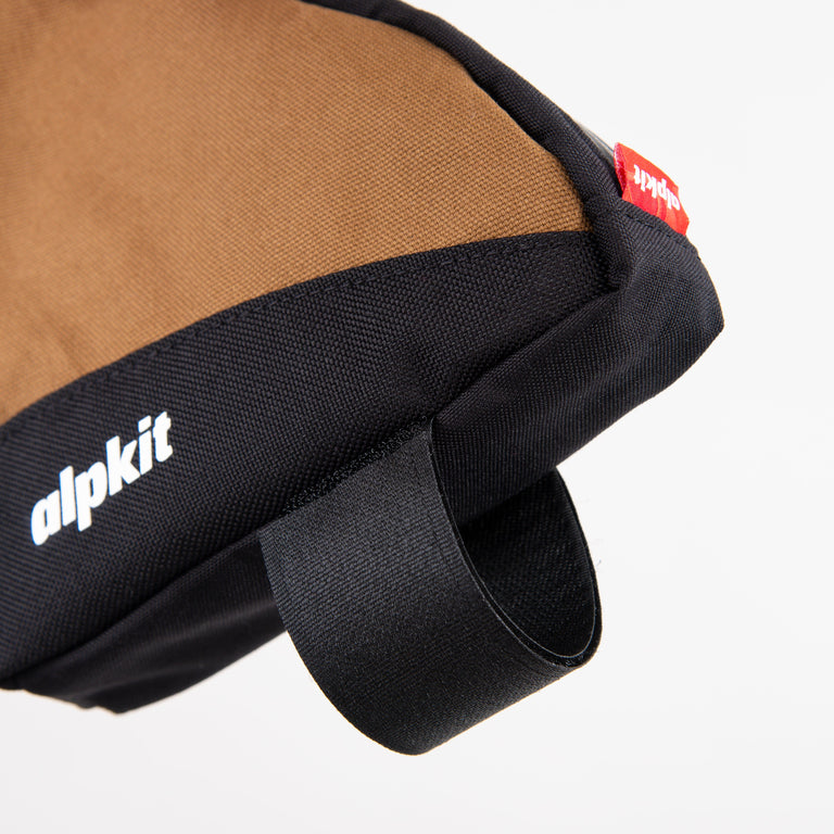alpkit fuel pod rear bikepacking bag in mountain brown top tube strap