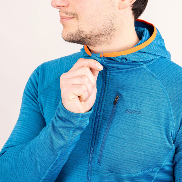 Alpkit Griffon men's hooded fleece in reef blue collar|sl