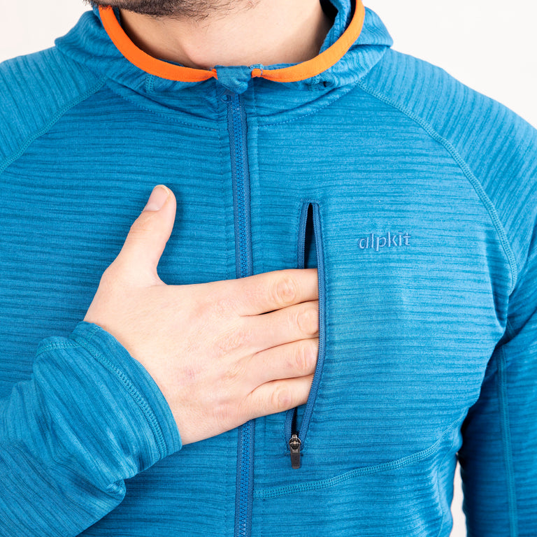 Alpkit Griffon men's hooded fleece in reef blue chest pocket|sl