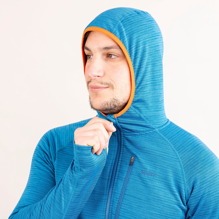 Alpkit Griffon men's hooded fleece in reef blue hood|sl