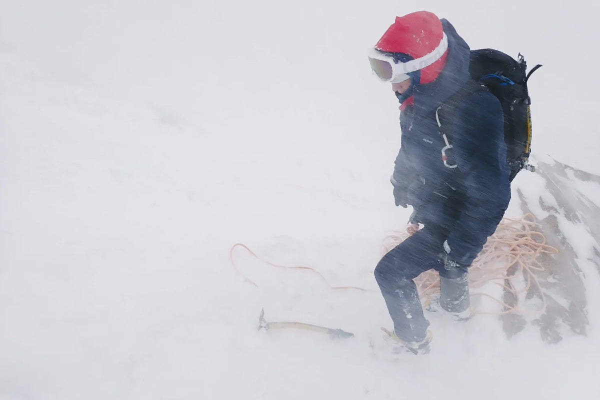 Synthetic insulated belay jacket in winter conditions