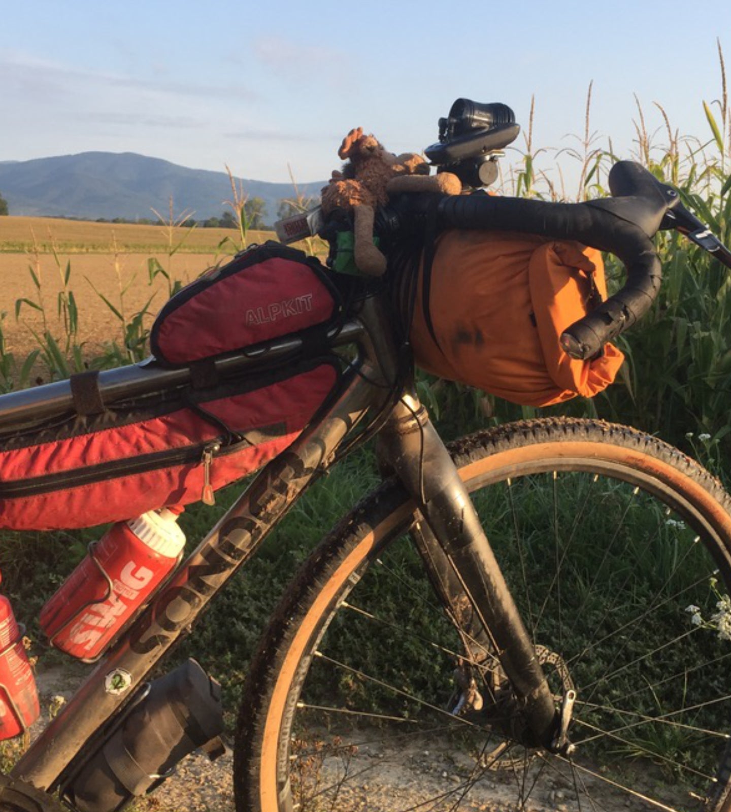 Waterproof dry bag used as a handlebar bag