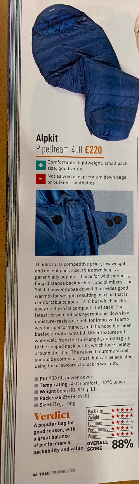Trail Magazine Review Pipedream 400 lightweight goosedown sleeping bag