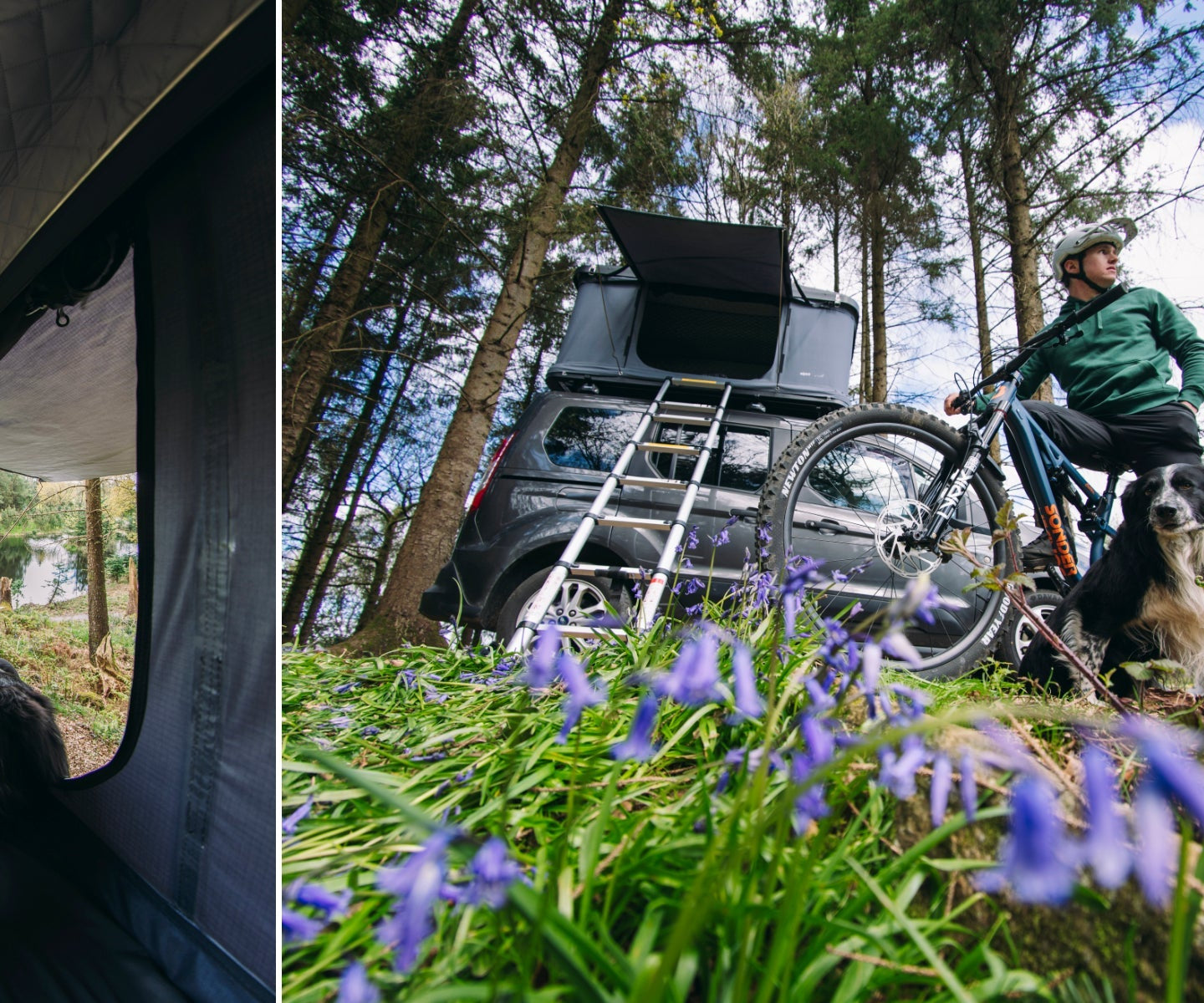 Mountain biker next to a roof tent