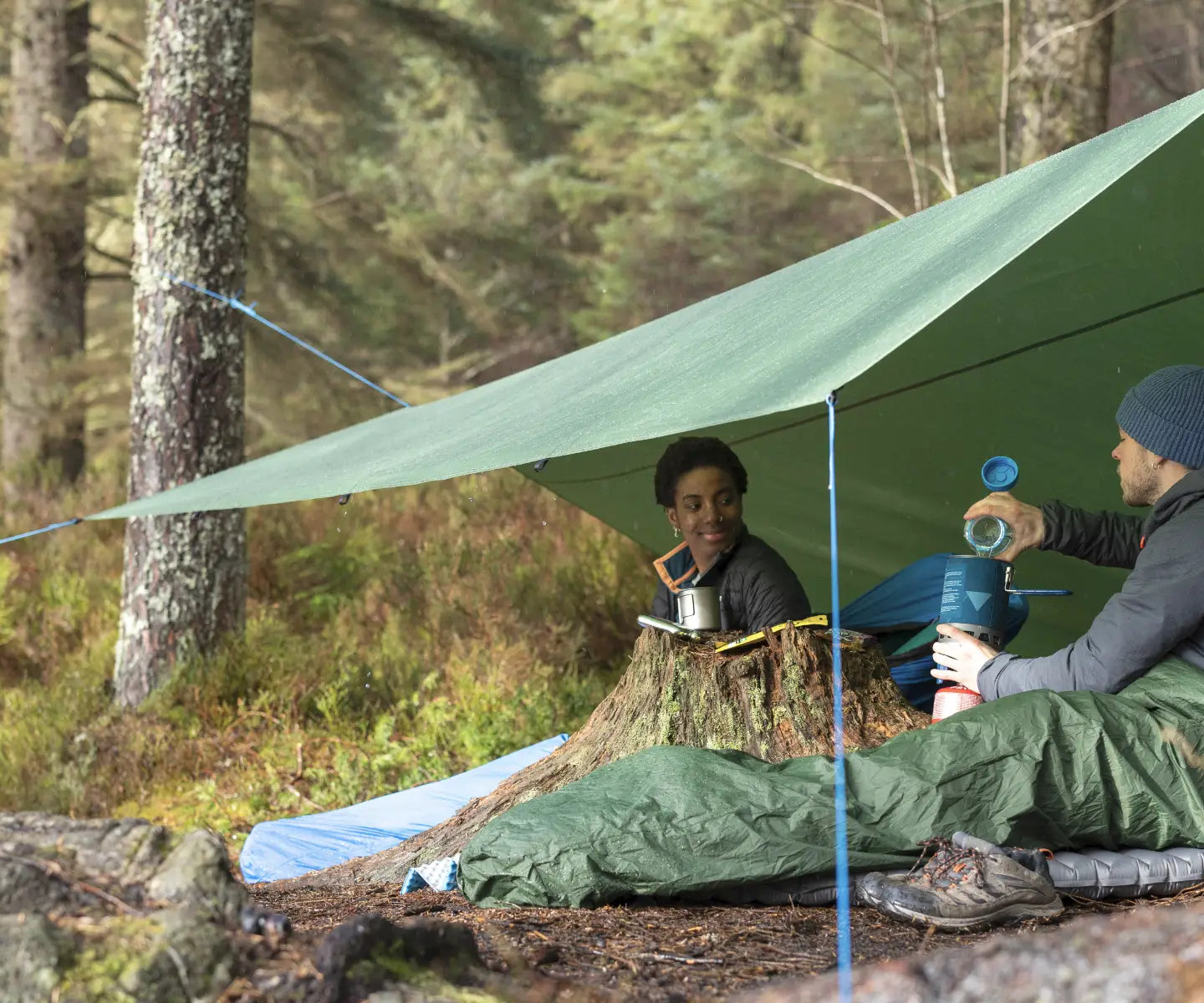 Two person tarp set up