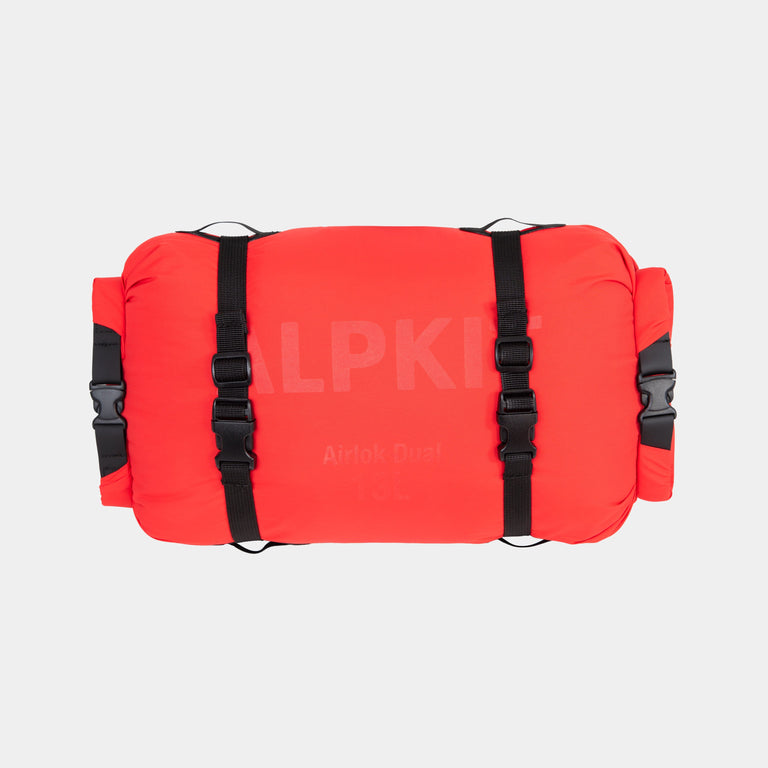 airlock dual 13l dry bag with double ended rolltop for bikepacking in chilli red - closed