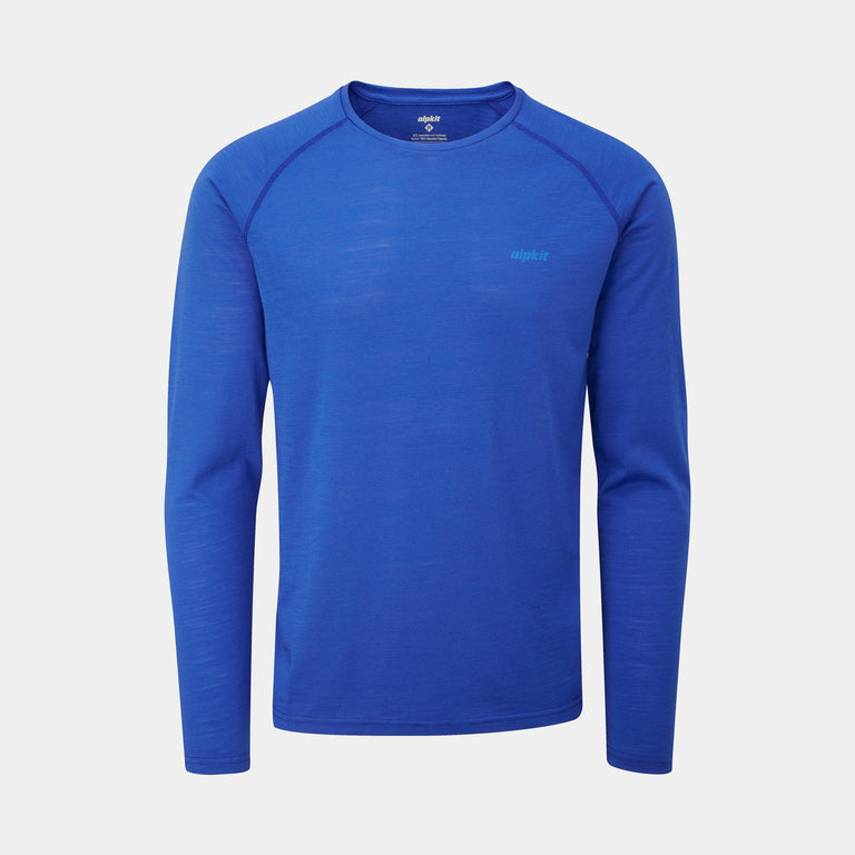 alpkit mens aztec long sleeve merino blend baselayer in monday blue - closed