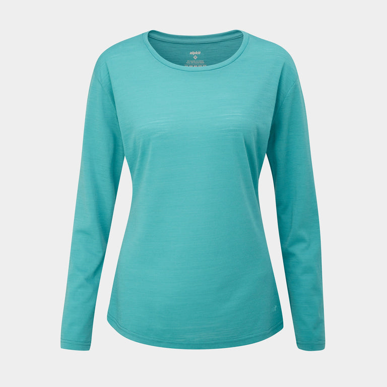 alpkit womens aztec long sleeve merino blend baselayer in halcyon blue - closed