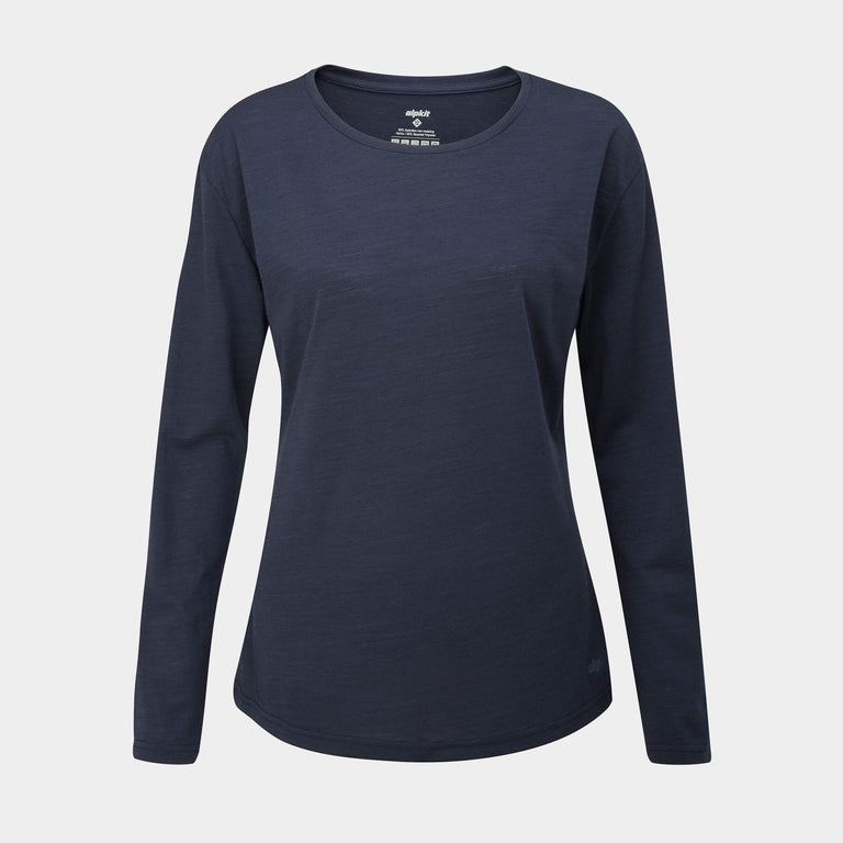 alpkit womens aztec long sleeve merino blend baselayer in outer space blue - closed