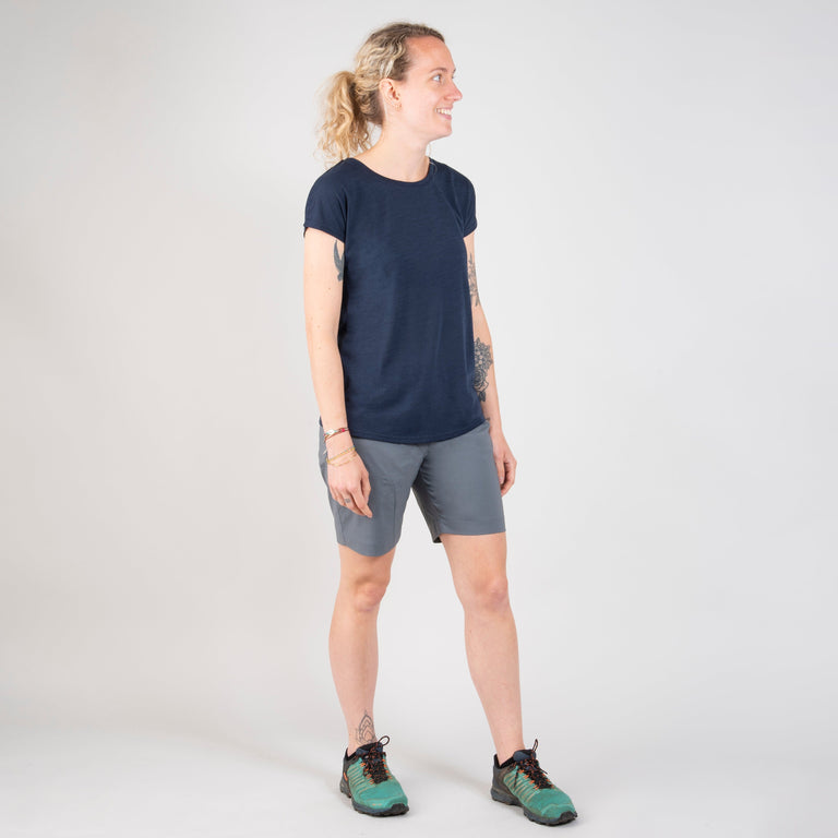 alpkit womens aztec short sleeve merino blend baselayer in outer space blue outfit