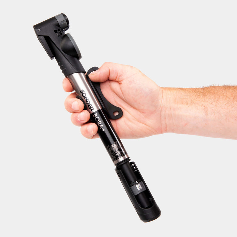 Bora+ bike pump size held in hand