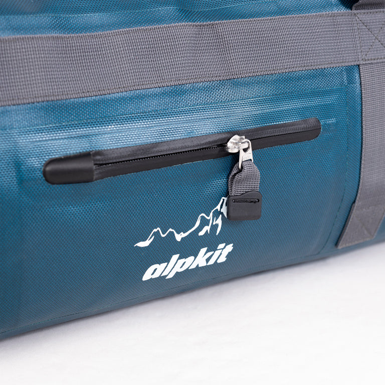 alpkit drydock 50L waterproof duffle bag gear bag in blue external pocket