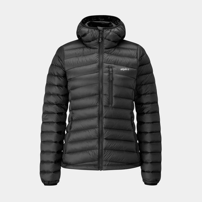 womens alpkit filoment hoody down jacket in black - closed