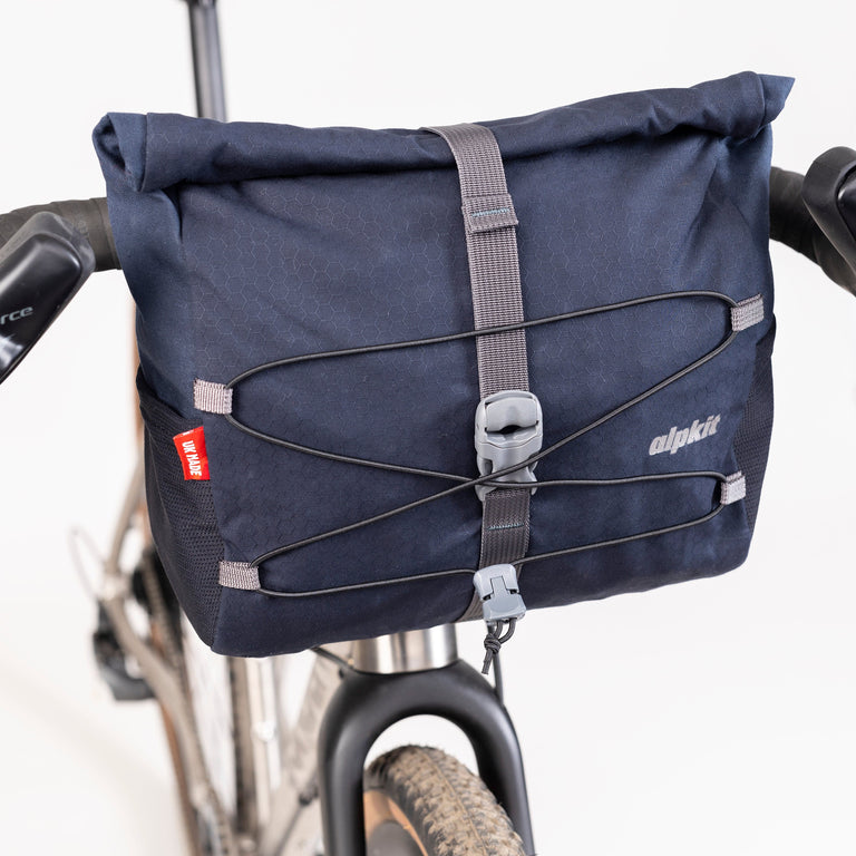 alpkit gravel bag bar bag in navy elastic