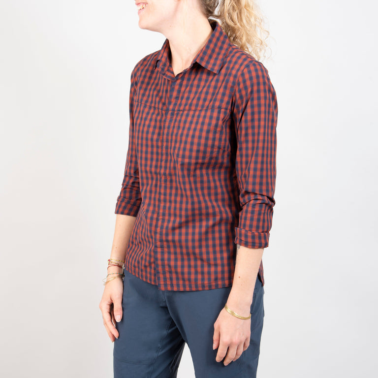 alpkit womens kanza shirt for gravel riding and bikepacking in brick red front