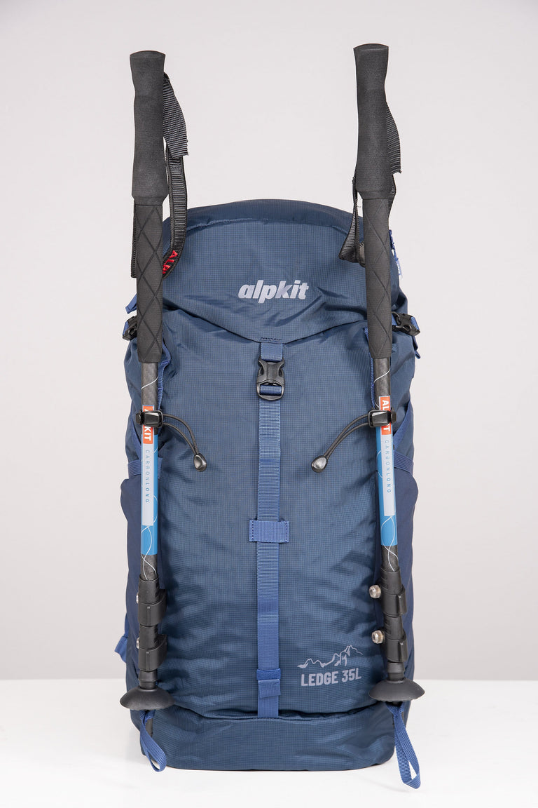 Alpkit Ledge 35l pack in nemo hood internal trekking poles - closed