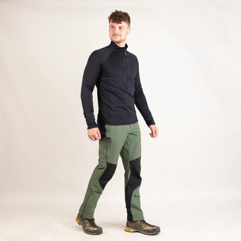 alpkit mens ardent softshell pants in alder green outfit|bf