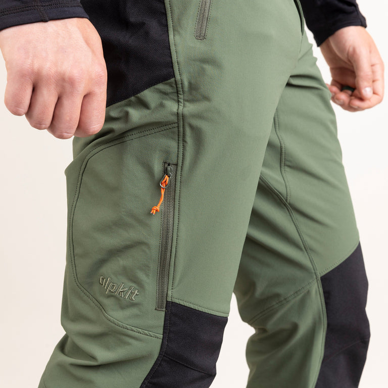 alpkit mens ardent softshell pants in alder green thigh zip|bf