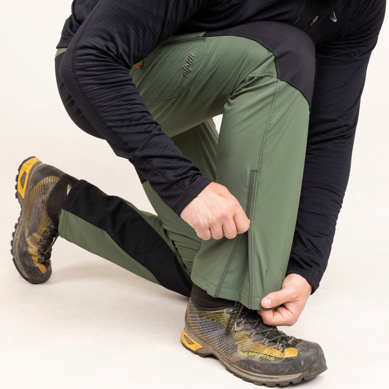 alpkit mens ardent softshell pants in alder green hem zip|bf