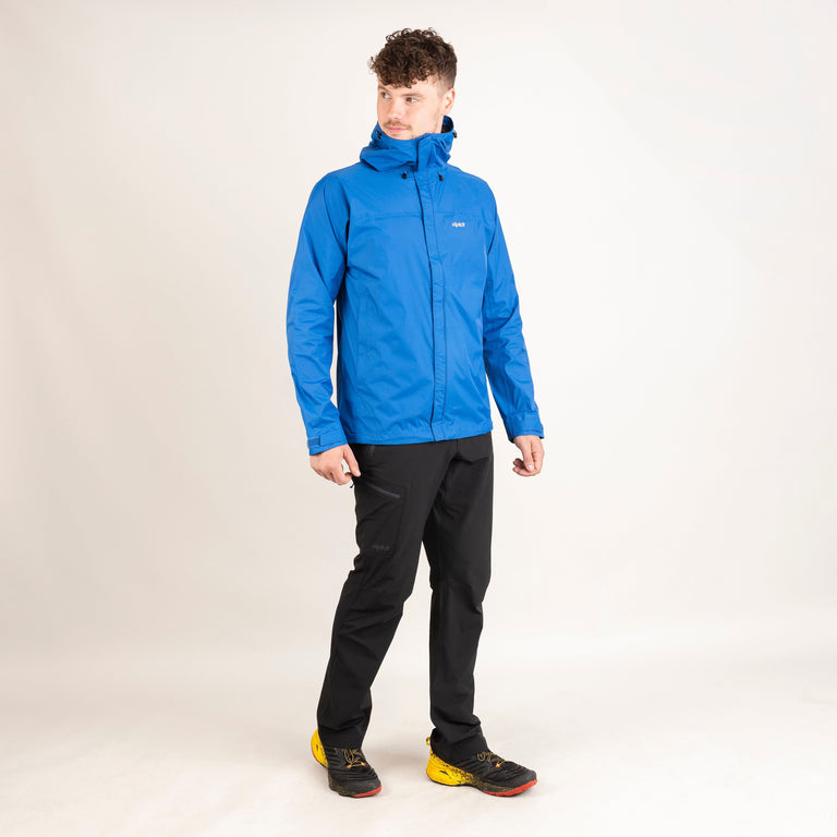 Alpkit men's Argonaut waterproof jacket in Monday blue outfit