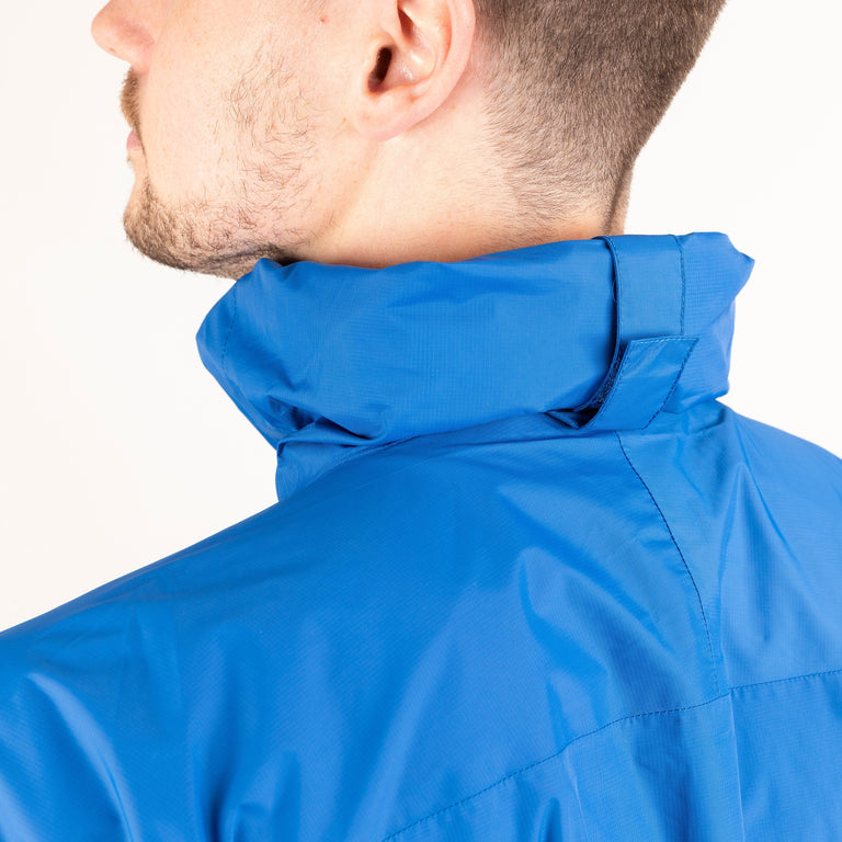 Alpkit men's Argonaut waterproof jacket in Monday blue fold away hood|bf