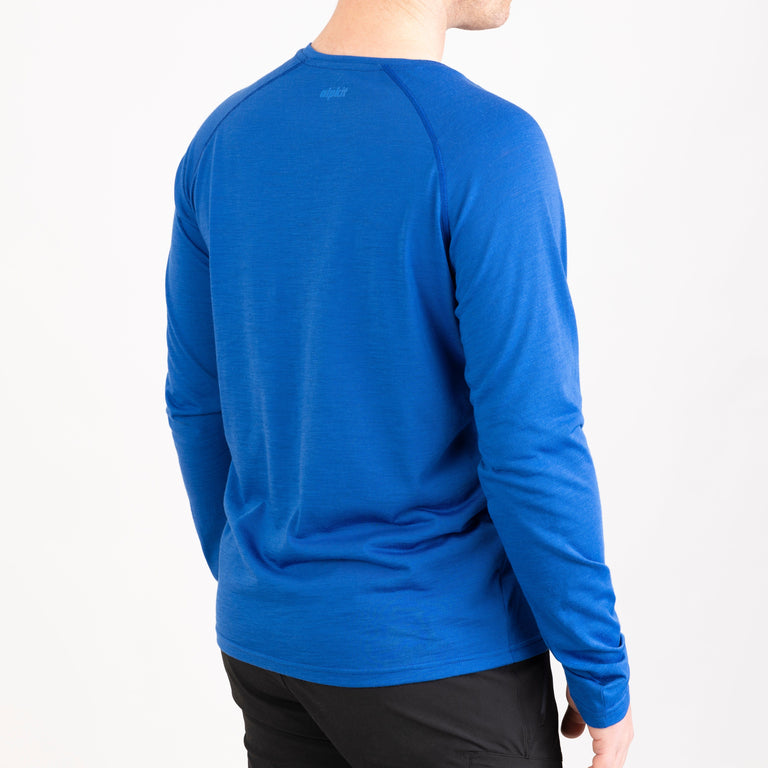 alpkit mens aztec long sleeve base layer in monday blue back - closed