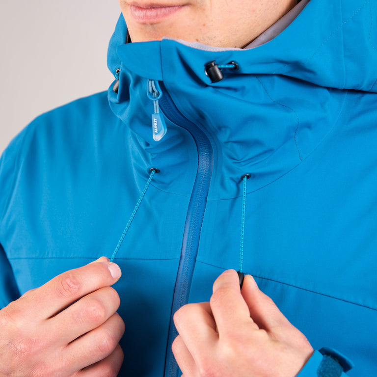 alpkit mens balance waterproof jacket in reef blue hood drawcord