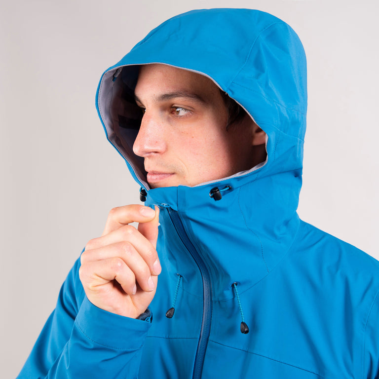 alpkit mens balance waterproof jacket in reef blue hood