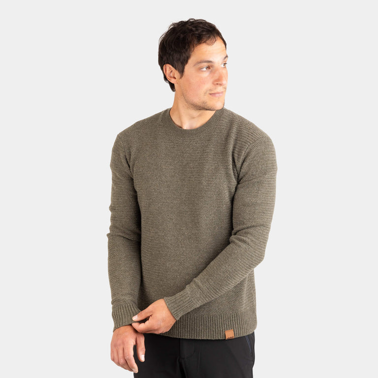 alpkit brenin wool jumper in mortar green - closed