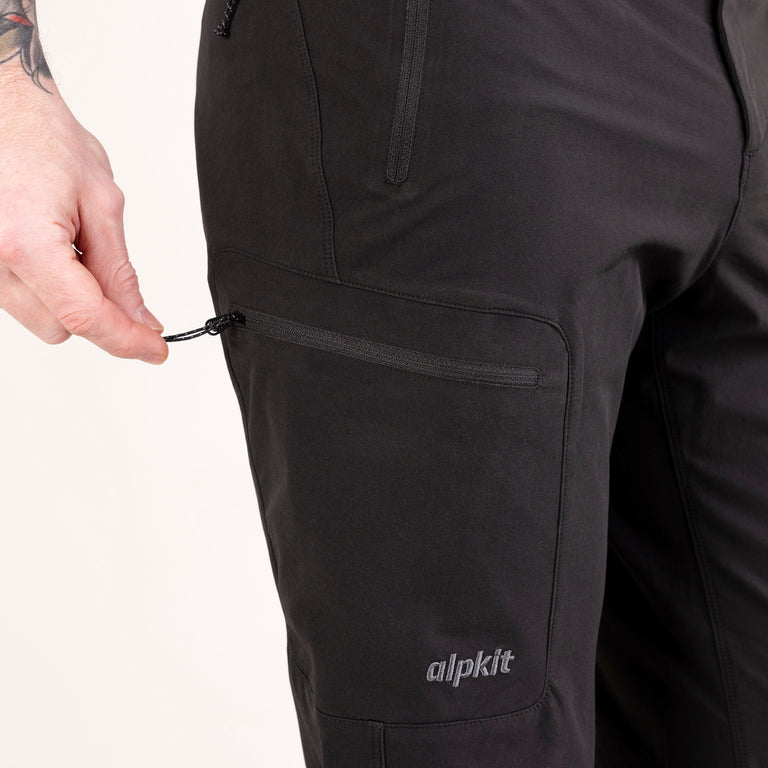 Alpkit mens chilkoot softshell trousers in black thigh pocket