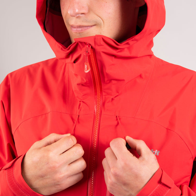 alpkit mens definition waterproof jacket in chilli red hood drawcord - closed