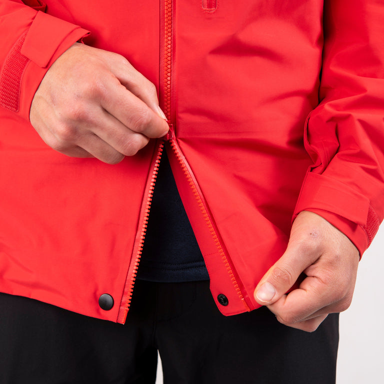 alpkit mens definition waterproof jacket in chilli red two way zip - closed