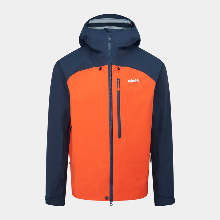 alpkit mens definition waterproof jacket in mandarin orange and blue 