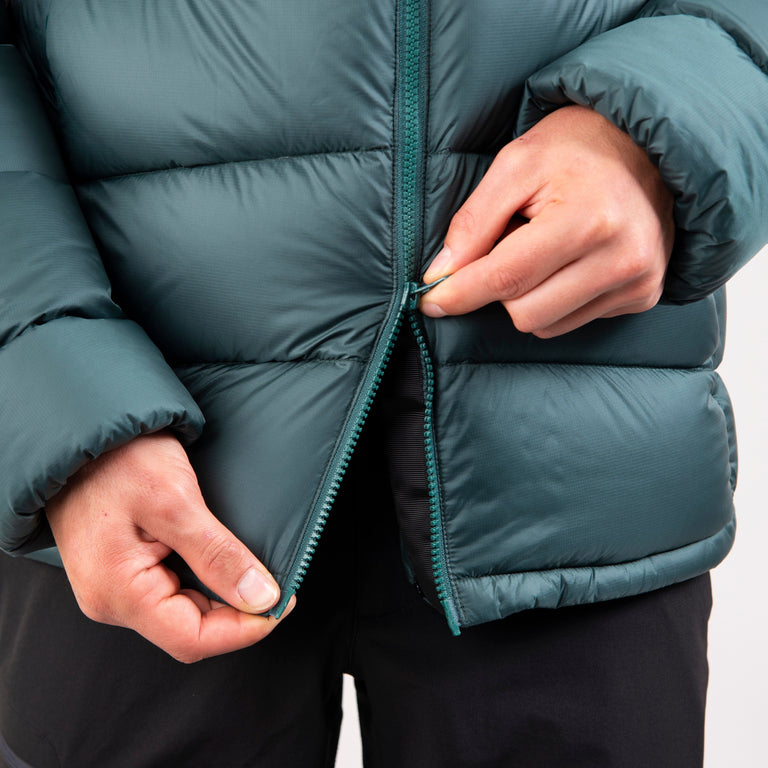 Alpkit mens Fantom hooded down jacket in forest green two way zip