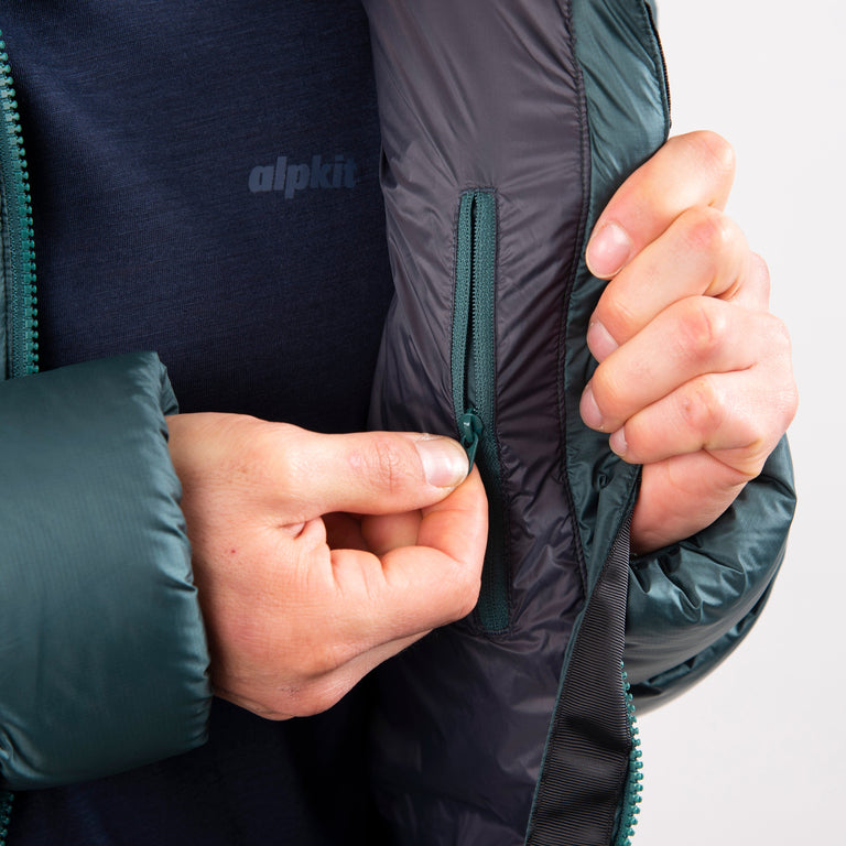 Alpkit mens Fantom hooded down jacket in forest green inside pocket