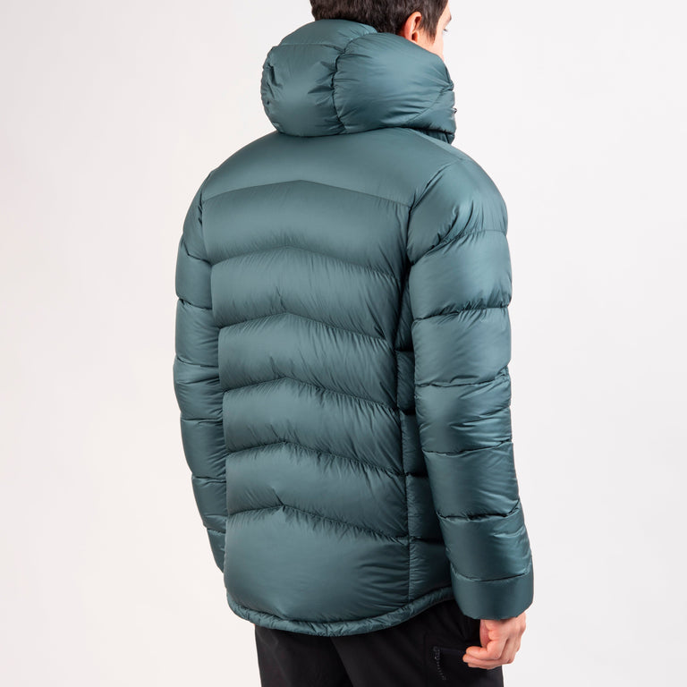 Alpkit mens Fantom hooded down jacket in forest green back - closed