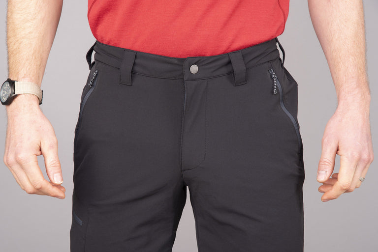 mens Alpkit faro softshell shorts in black front waistband 