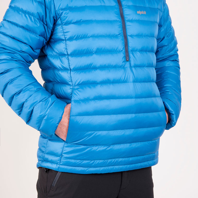 alpkit mens filoment smock recycled down jacket in reef blue pockets