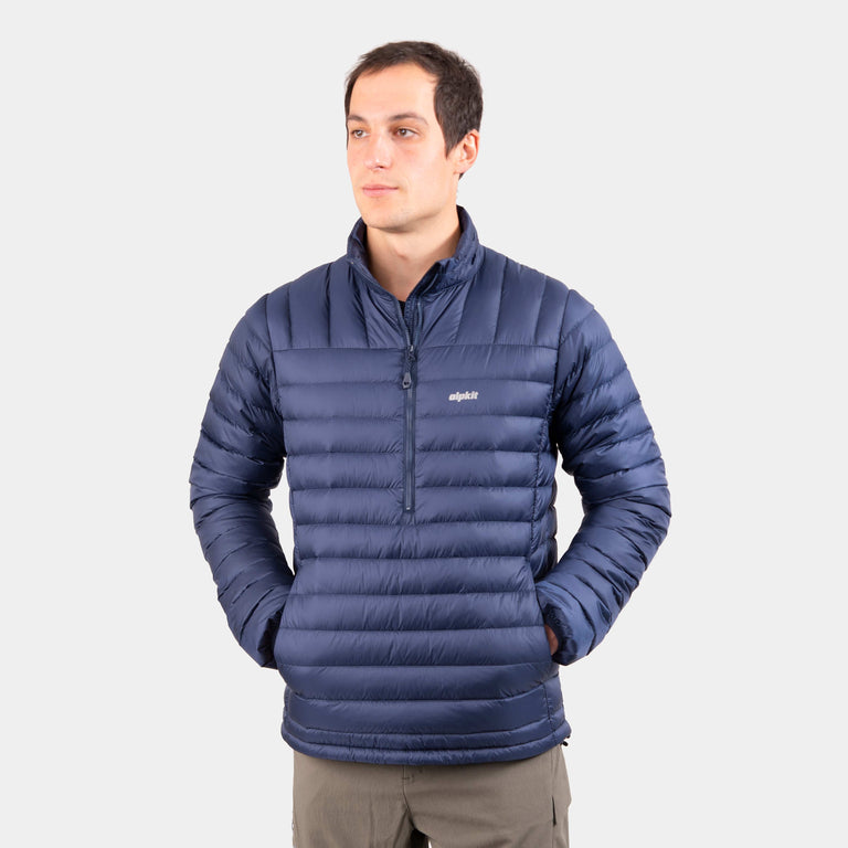 alpkit mens filoment smock recycled down jacket in outer space blue | Harry is 5'11"