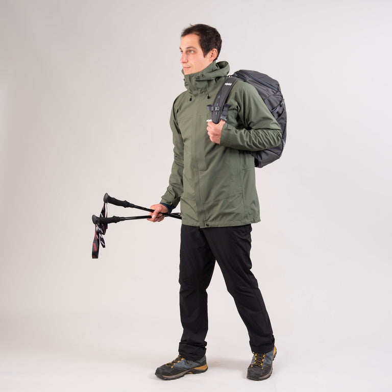 mens Alpkit fortitude waterproof jacket in alder green outfit 