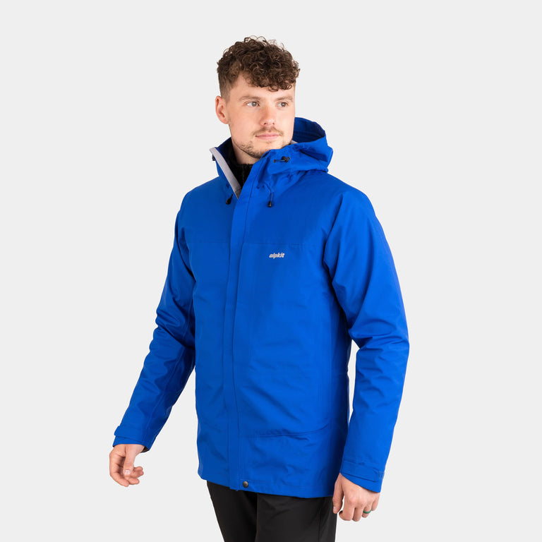 Alpkit men's Fortitude hillwalking waterproof jacket in Fontainebleau blue - closed