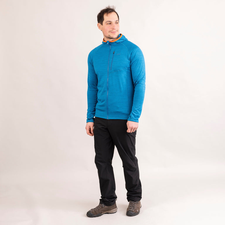 Alpkit Griffon men's hooded fleece in reef blue outfit