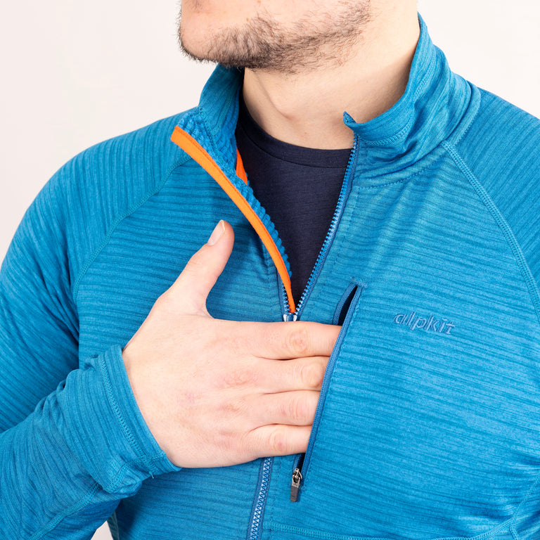 alpkit mens griffon half zip fleece in reef blue chest pocket