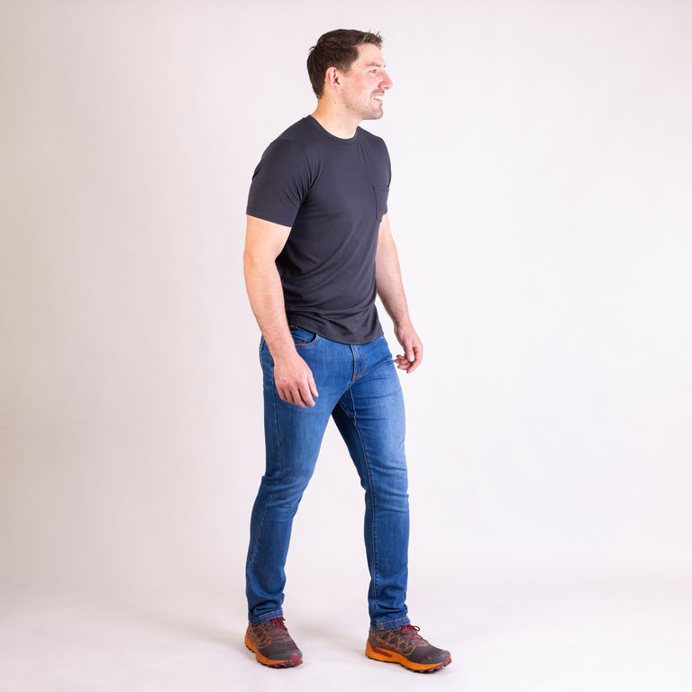 alpkit jeanius mens jeans in midwash blue outfit