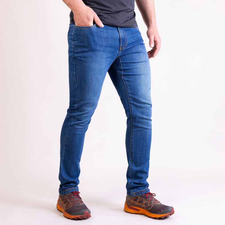 alpkit jeanius mens jeans in midwash blue front|aj