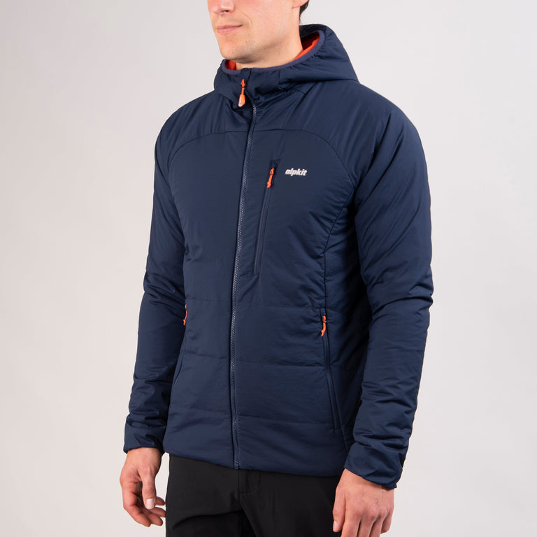 alpkit mens katabatic primaloft insulated synthetic jacket in outer space blue front - closed