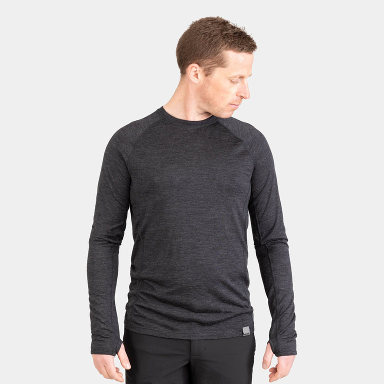 alpkit mens Kepler long sleeve merino baselayer in charcoal grey black