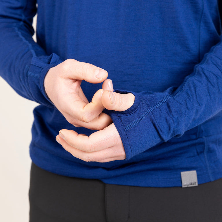 alpkit mens Kepler long sleeve merino baselayer in navy blue thumb loop cuff