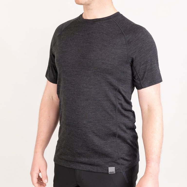 alpkit mens kepler short sleeve merino Baselayers in charcoal grey black front