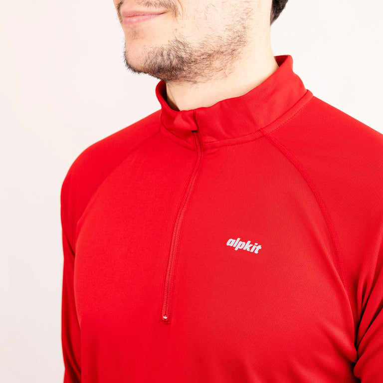 mens Alpkit Koulin trail long sleeve zip baselayer in chilli red collar